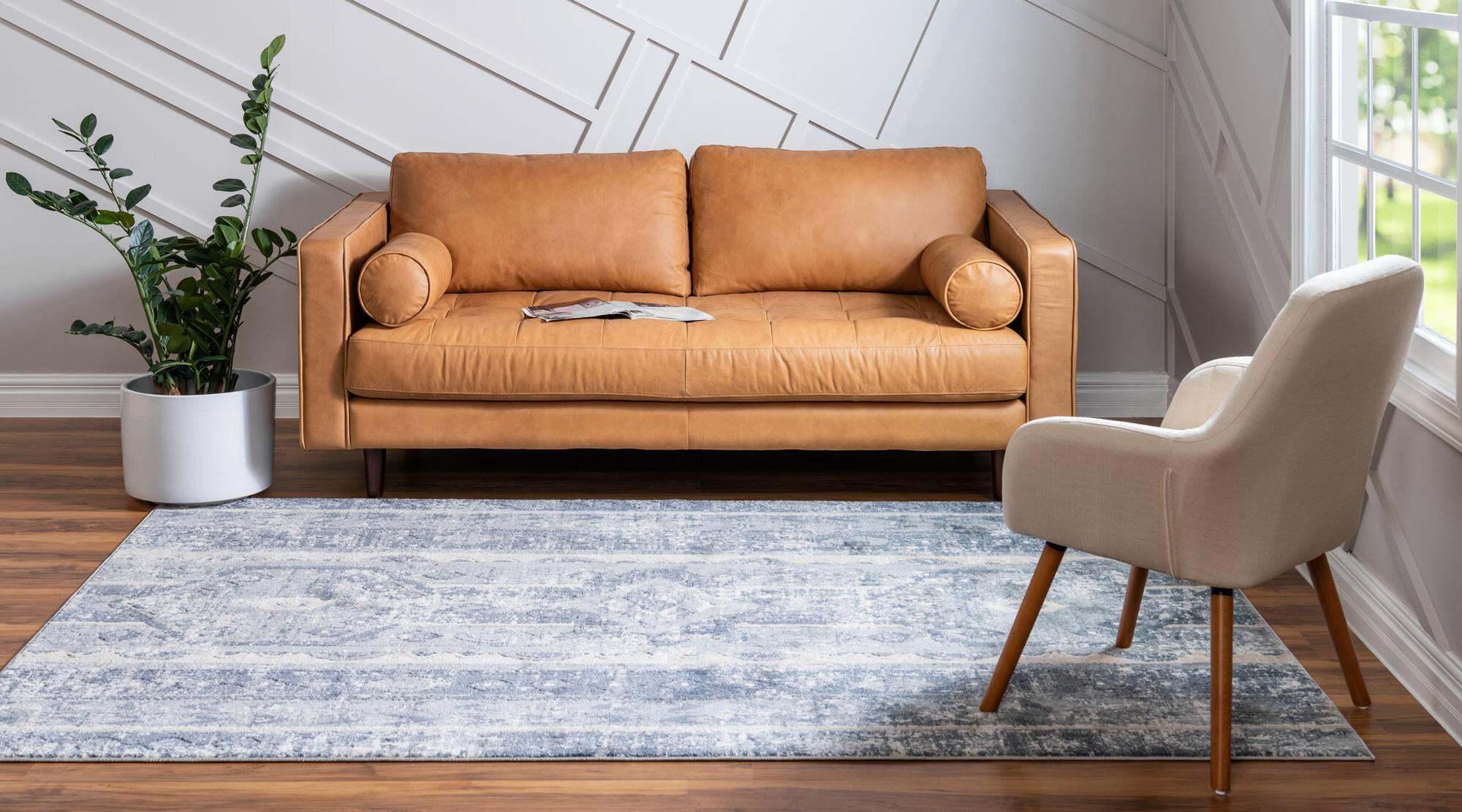 Unique Loom Indoor Rugs - Portland Striped Rectangular 8x11 Rug Blue & Ivory