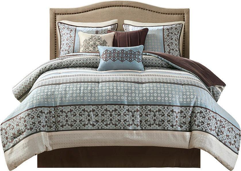 Olliix.com Comforters & Blankets - Princeton 7 Piece Jacquard Comforter Set Blue Queen