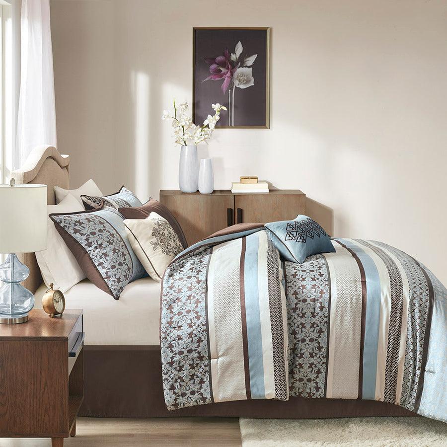 Olliix.com Comforters & Blankets - Princeton 7 Piece Jacquard Comforter Set Blue Queen