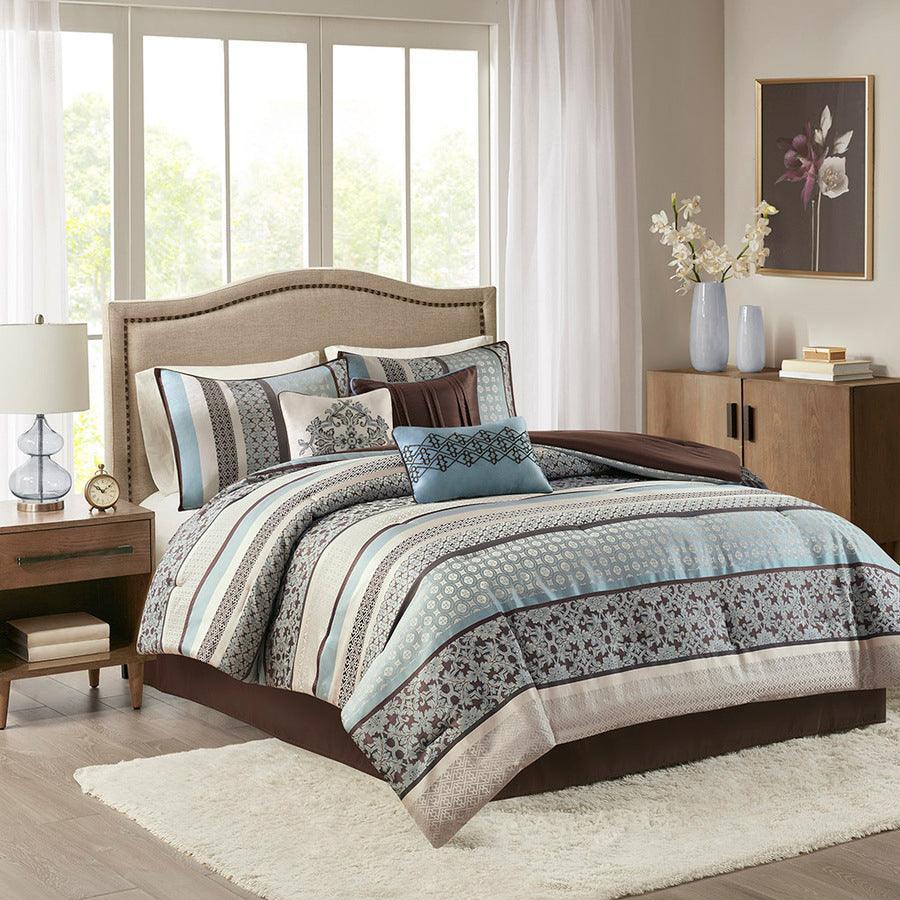 Olliix.com Comforters & Blankets - Princeton California King 7 Piece Jacquard Traditional Comforter Set Blue