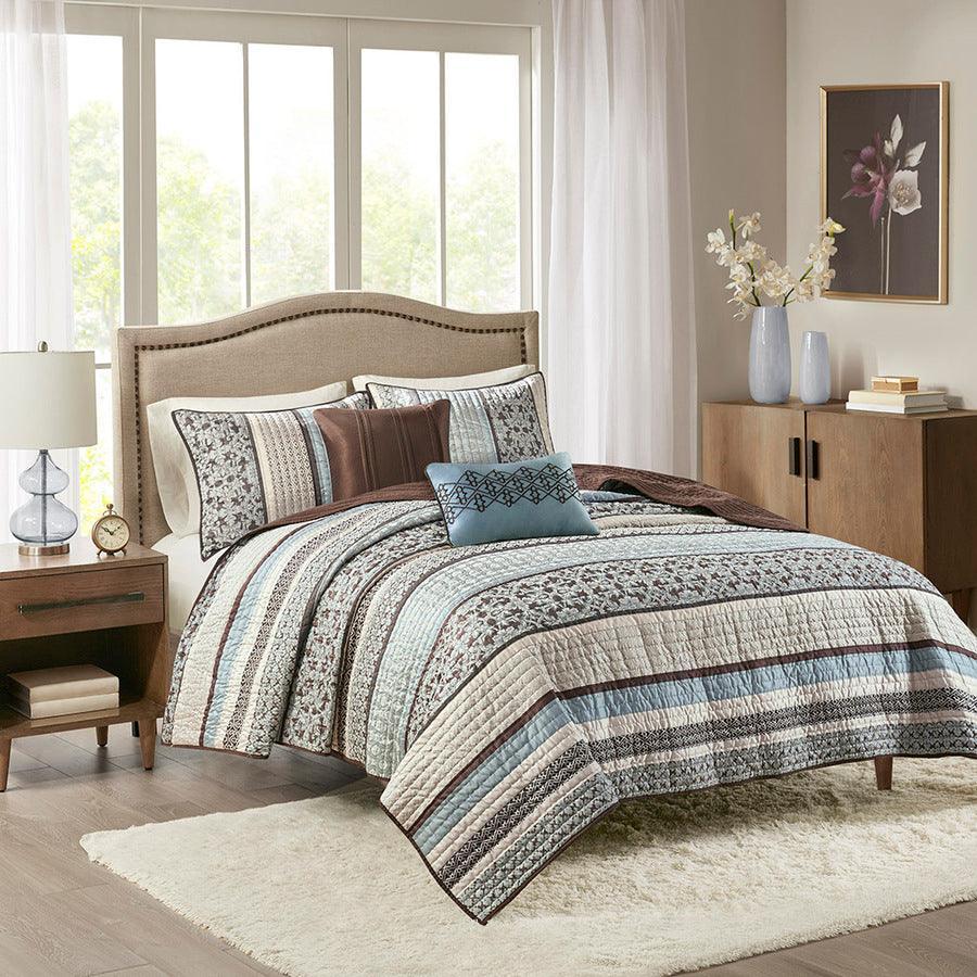 Olliix.com Comforters & Blankets - Princeton King/California King 5 Piece Reversible Jacquard Coverlet Set Blue