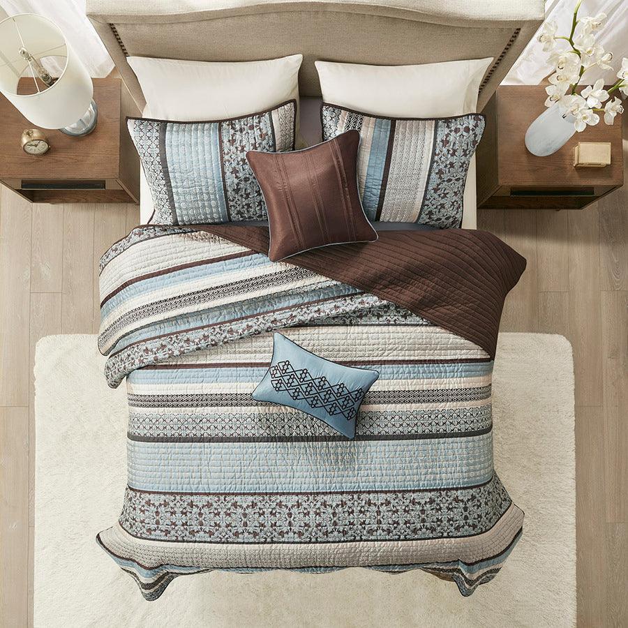 Olliix.com Comforters & Blankets - Princeton King/California King 5 Piece Reversible Jacquard Coverlet Set Blue