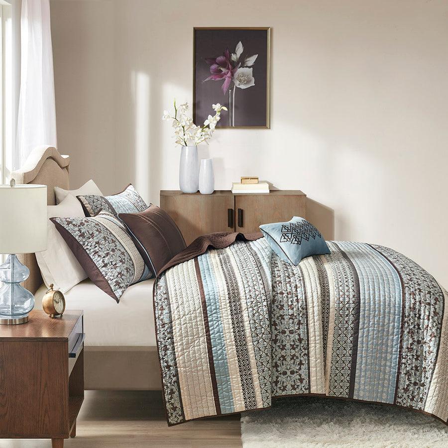 Olliix.com Comforters & Blankets - Princeton King/California King 5 Piece Reversible Jacquard Coverlet Set Blue