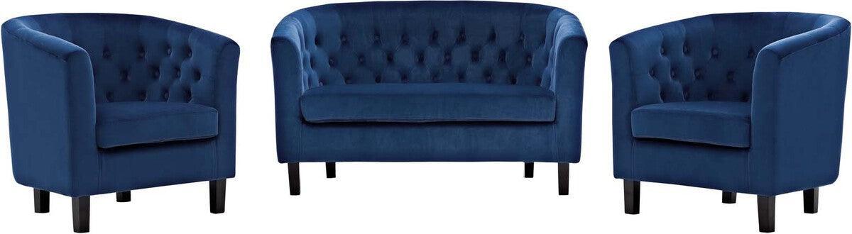 Modway Living Room Sets - Prospect 3 Piece Performance Velvet Loveseat and Armchair Set Navy