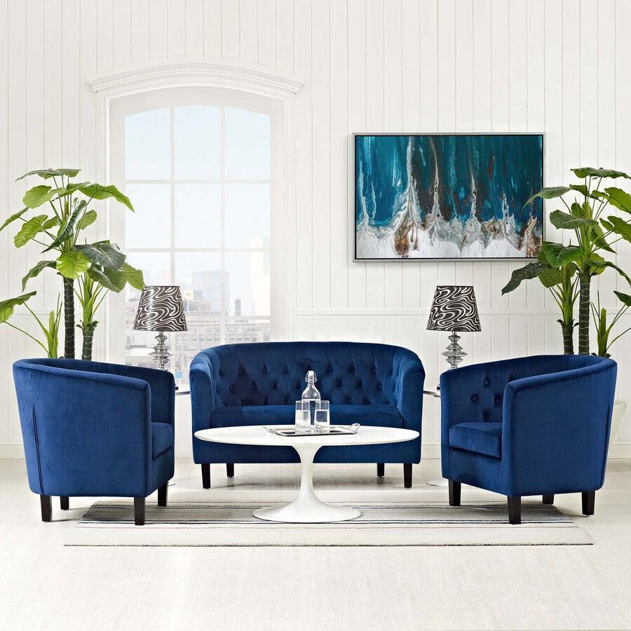 Modway Living Room Sets - Prospect 3 Piece Performance Velvet Loveseat and Armchair Set Navy