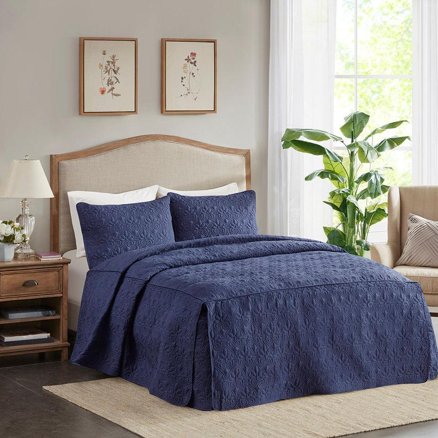 Olliix.com Comforters & Blankets - Quebec King 3 Piece Fitted Bedspread Set Navy