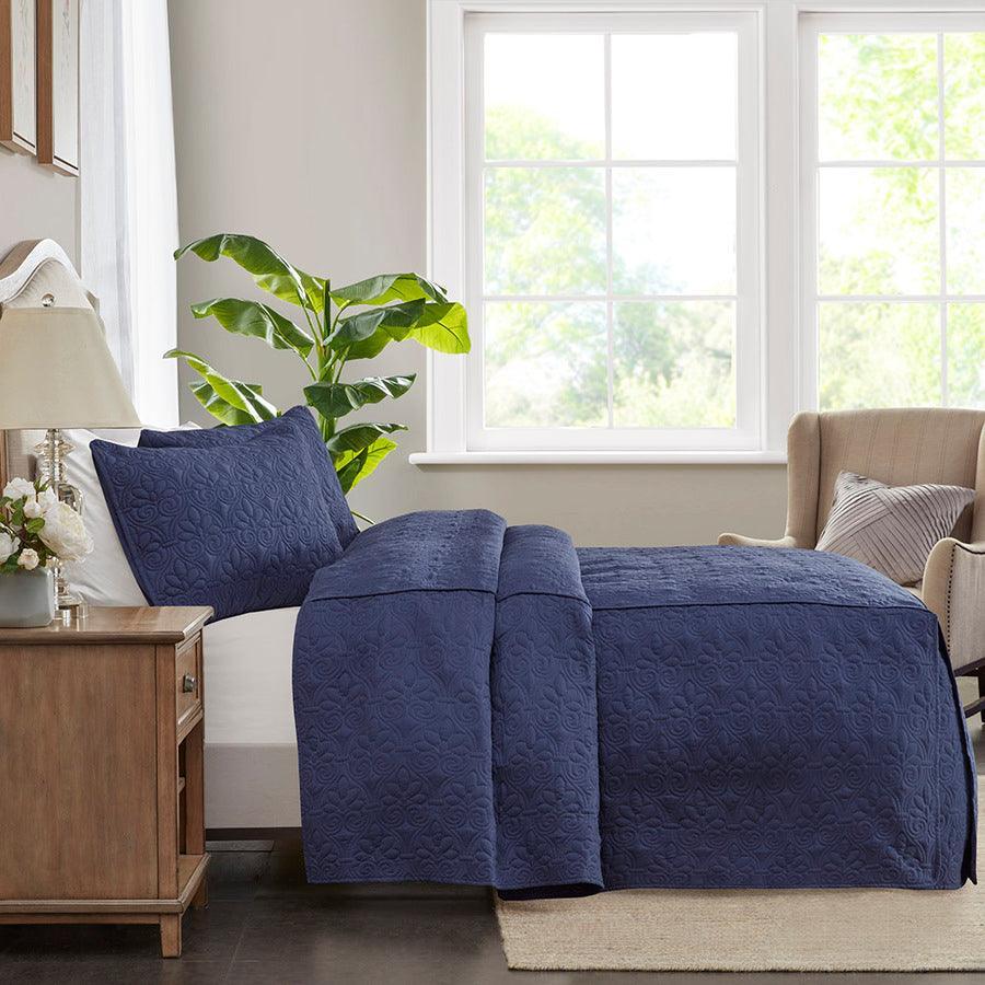 Olliix.com Comforters & Blankets - Quebec King 3 Piece Fitted Bedspread Set Navy