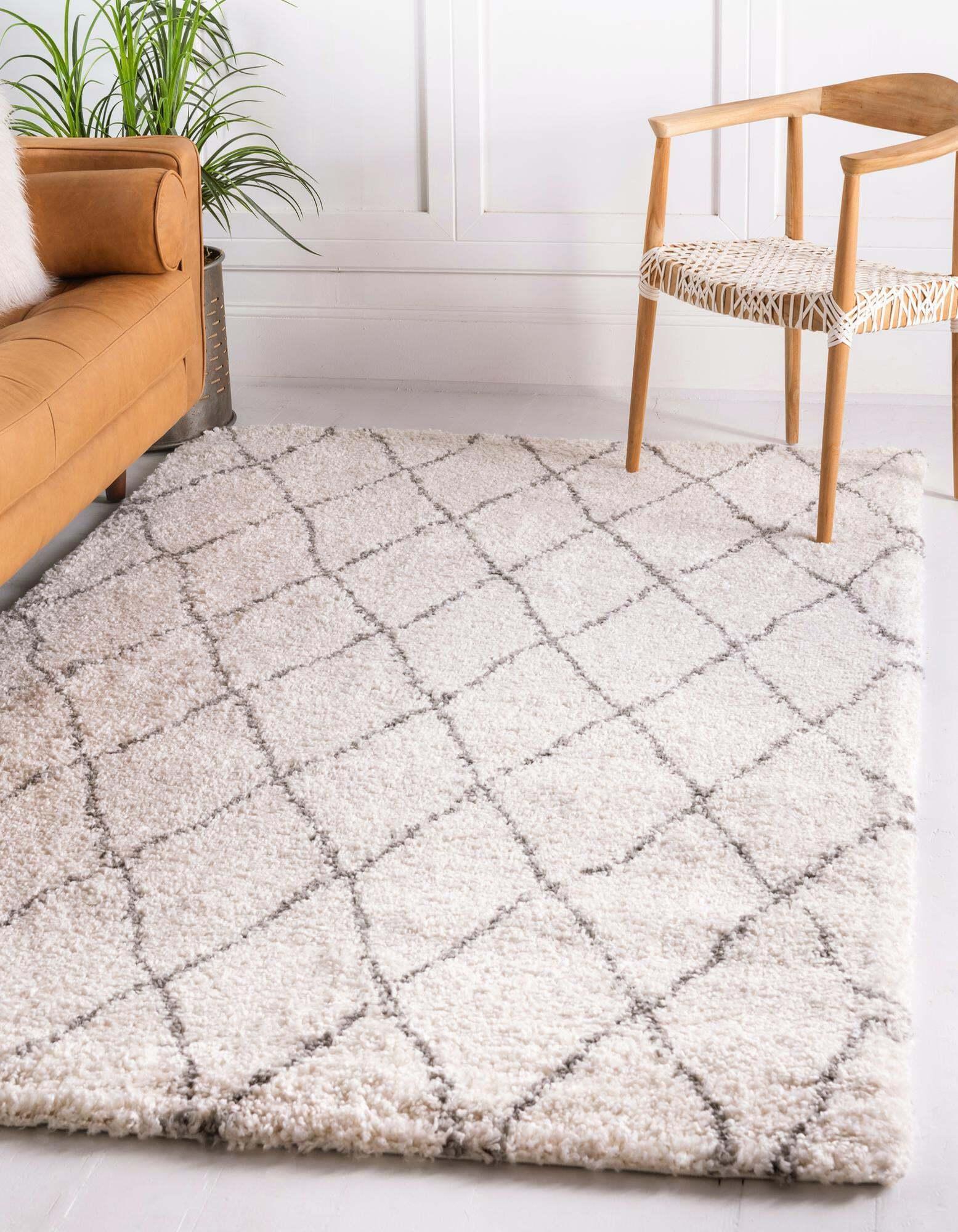 Unique Loom Indoor Rugs - Rabat Shag Geometric Rectangular 8x10 Rug Ivory & Gray