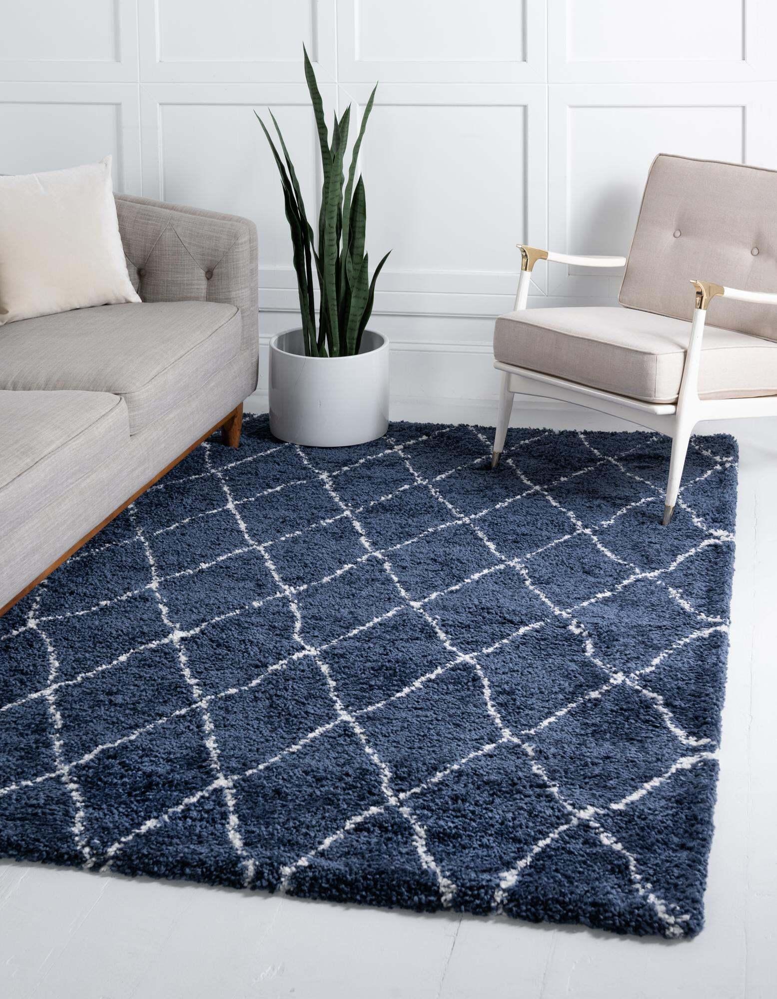 Unique Loom Indoor Rugs - Rabat Shag Geometric Rectangular 8x10 Rug Navy Blue & Ivory