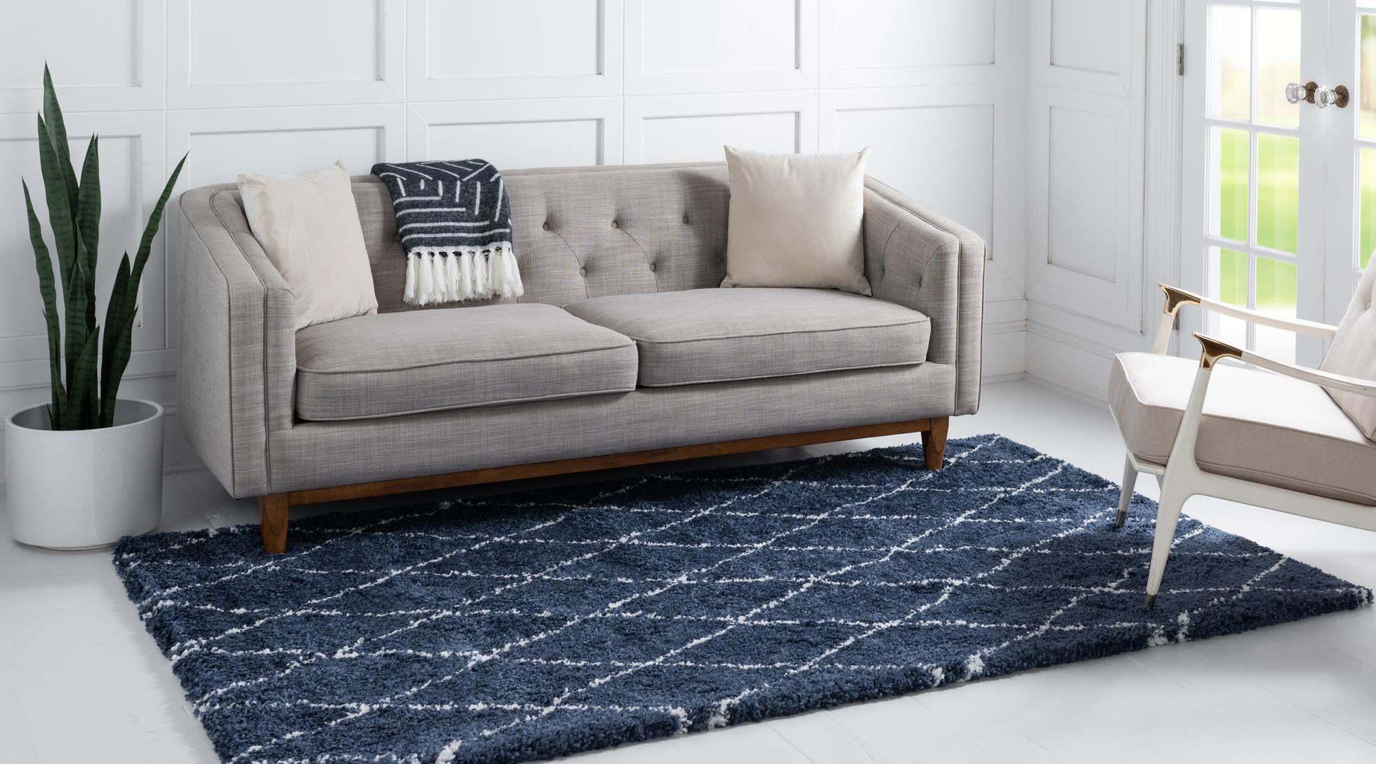 Unique Loom Indoor Rugs - Rabat Shag Geometric Rectangular 8x10 Rug Navy Blue & Ivory