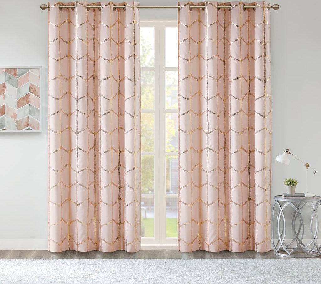 Olliix.com Curtains - Raina 63" Total Blackout Metallic Print Grommet Top Curtain Blush & Gold