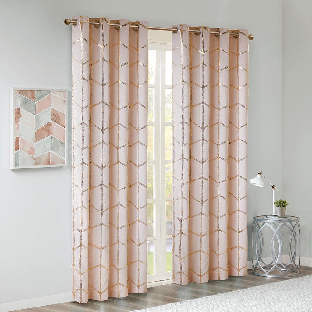 Olliix.com Curtains - Raina 63" Total Blackout Metallic Print Grommet Top Curtain Blush & Gold