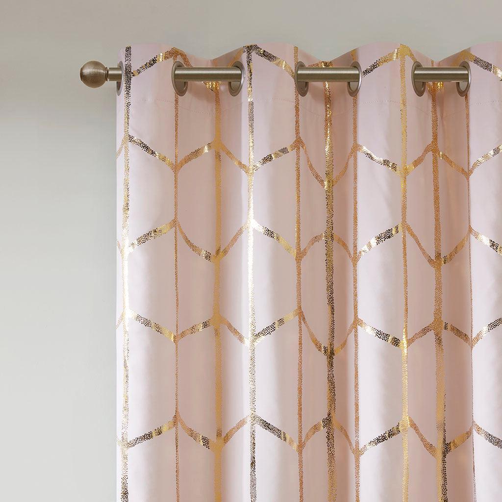 Olliix.com Curtains - Raina 63" Total Blackout Metallic Print Grommet Top Curtain Blush & Gold