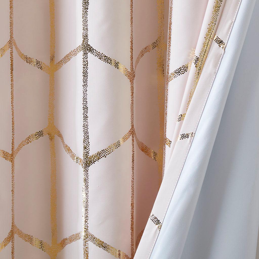 Olliix.com Curtains - Raina 63" Total Blackout Metallic Print Grommet Top Curtain Blush & Gold