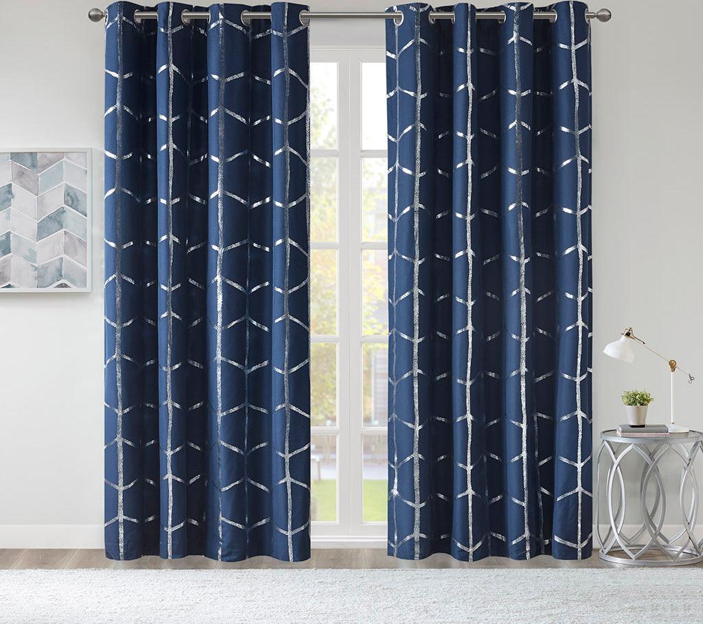 Olliix.com Curtains - Raina 63" Total Blackout Metallic Print Grommet Top Curtain Navy