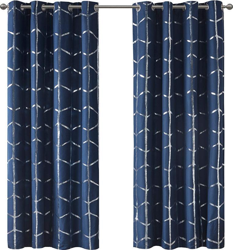 Olliix.com Curtains - Raina 63" Total Blackout Metallic Print Grommet Top Curtain Navy