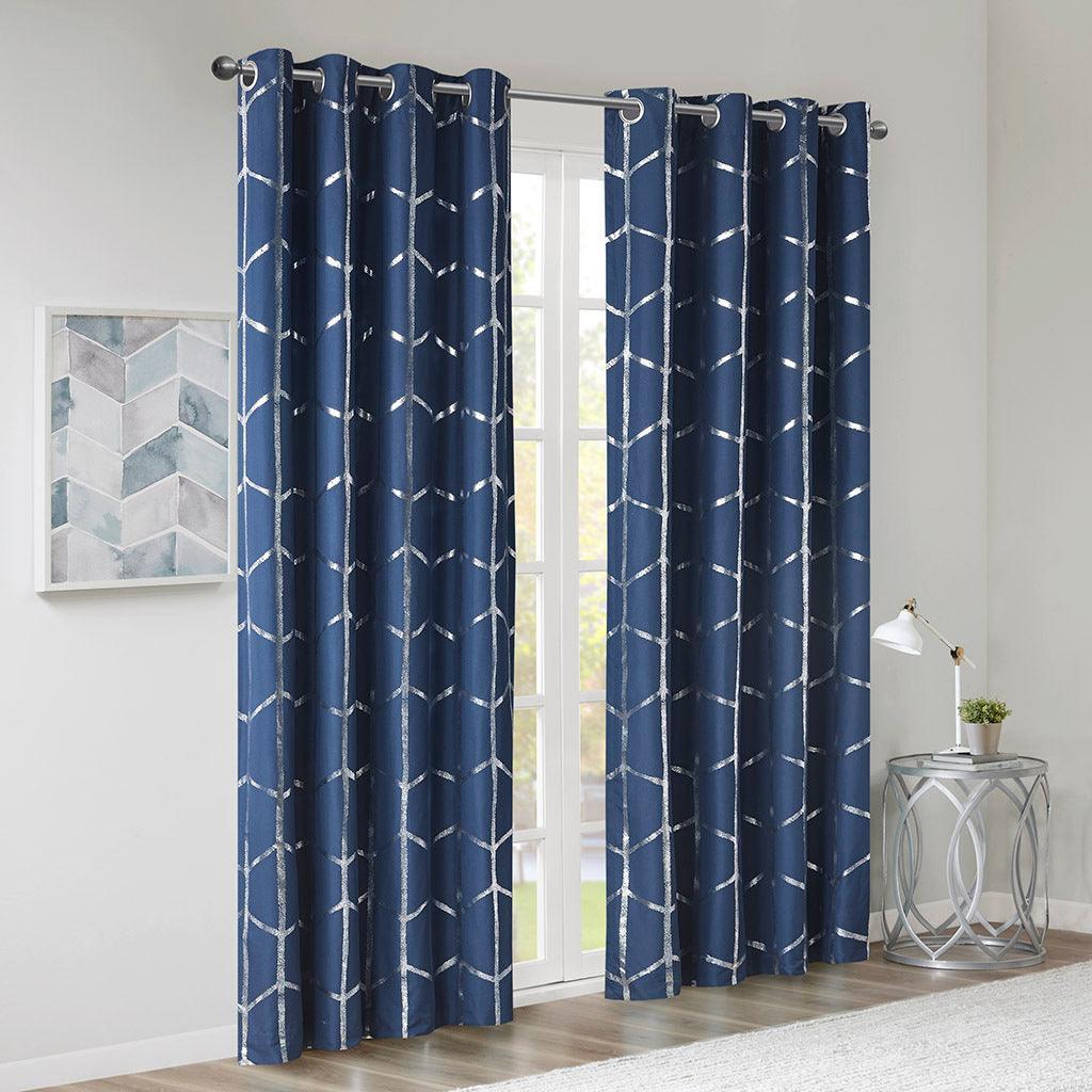 Olliix.com Curtains - Raina 63" Total Blackout Metallic Print Grommet Top Curtain Navy