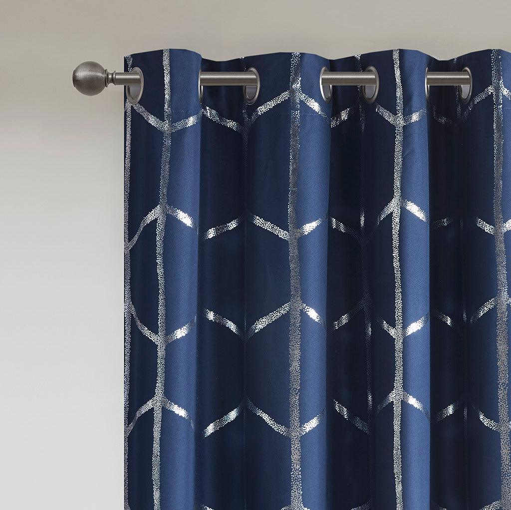 Olliix.com Curtains - Raina 63" Total Blackout Metallic Print Grommet Top Curtain Navy