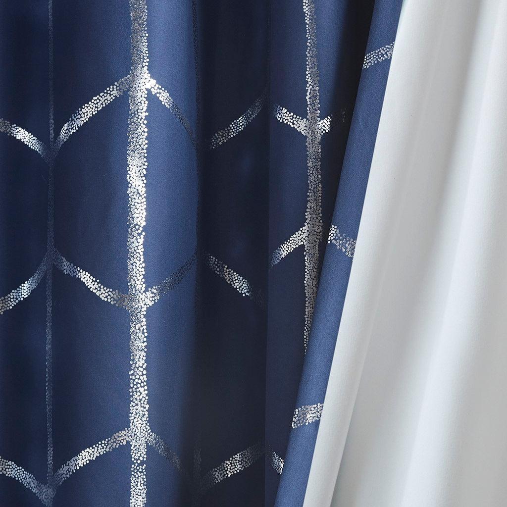Olliix.com Curtains - Raina 63" Total Blackout Metallic Print Grommet Top Curtain Navy