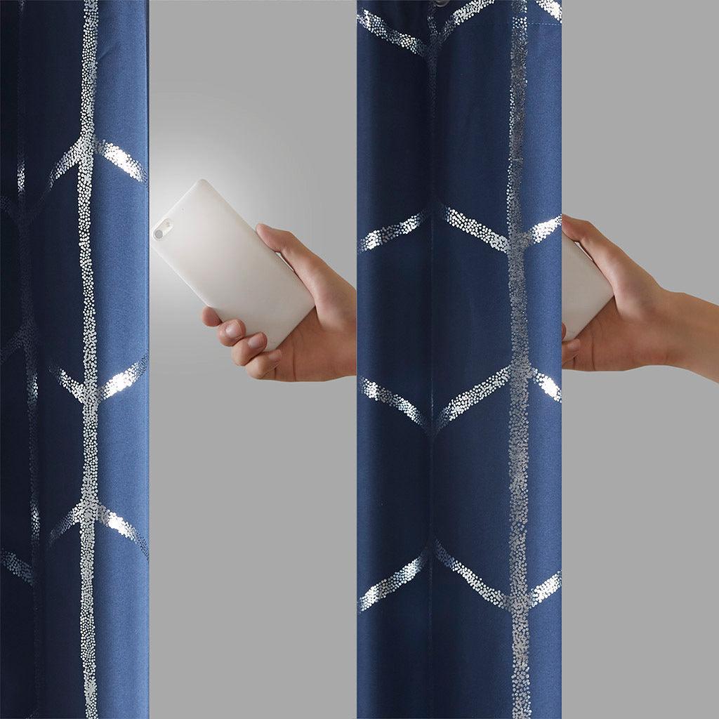 Olliix.com Curtains - Raina 63" Total Blackout Metallic Print Grommet Top Curtain Navy