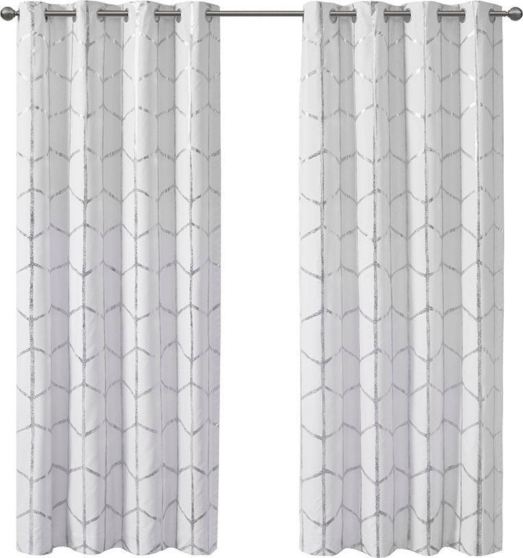 Olliix.com Curtains - Raina 63" Total Blackout Metallic Print Grommet Top Curtain White & Silver
