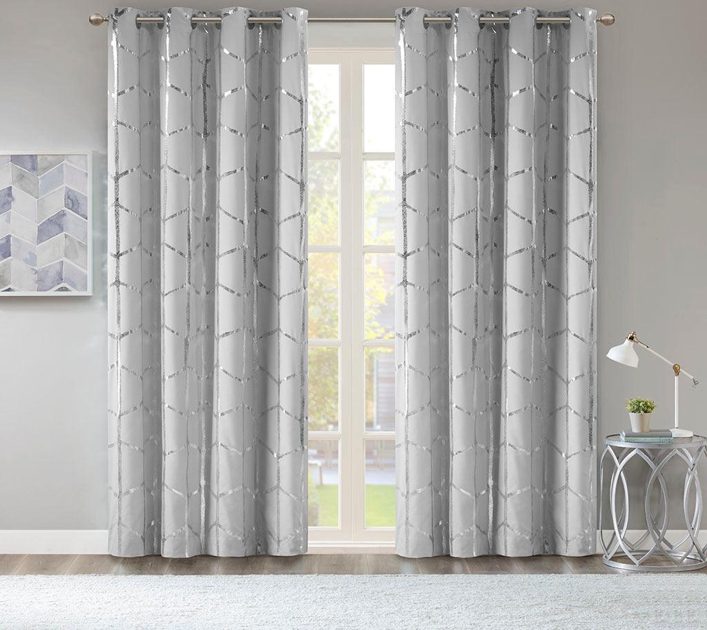 Olliix.com Curtains - Raina 84" Total Blackout Metallic Print Grommet Top Curtain Gray & Silver