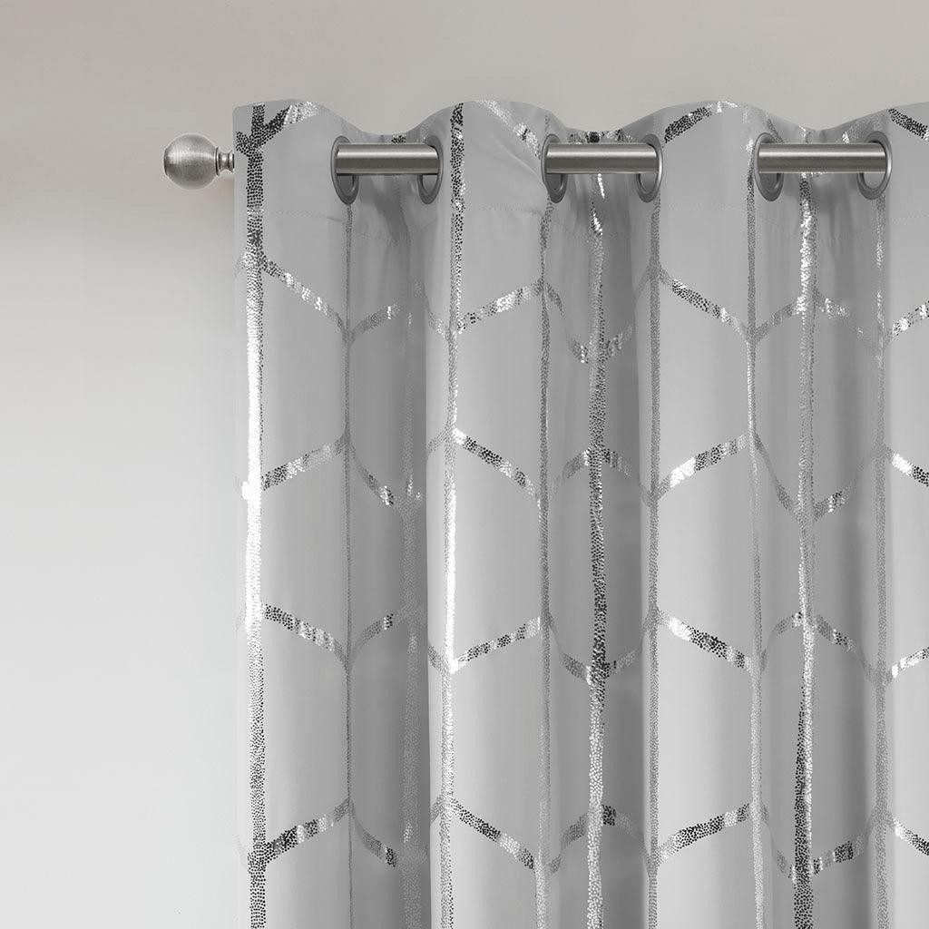 Olliix.com Curtains - Raina 84" Total Blackout Metallic Print Grommet Top Curtain Gray & Silver