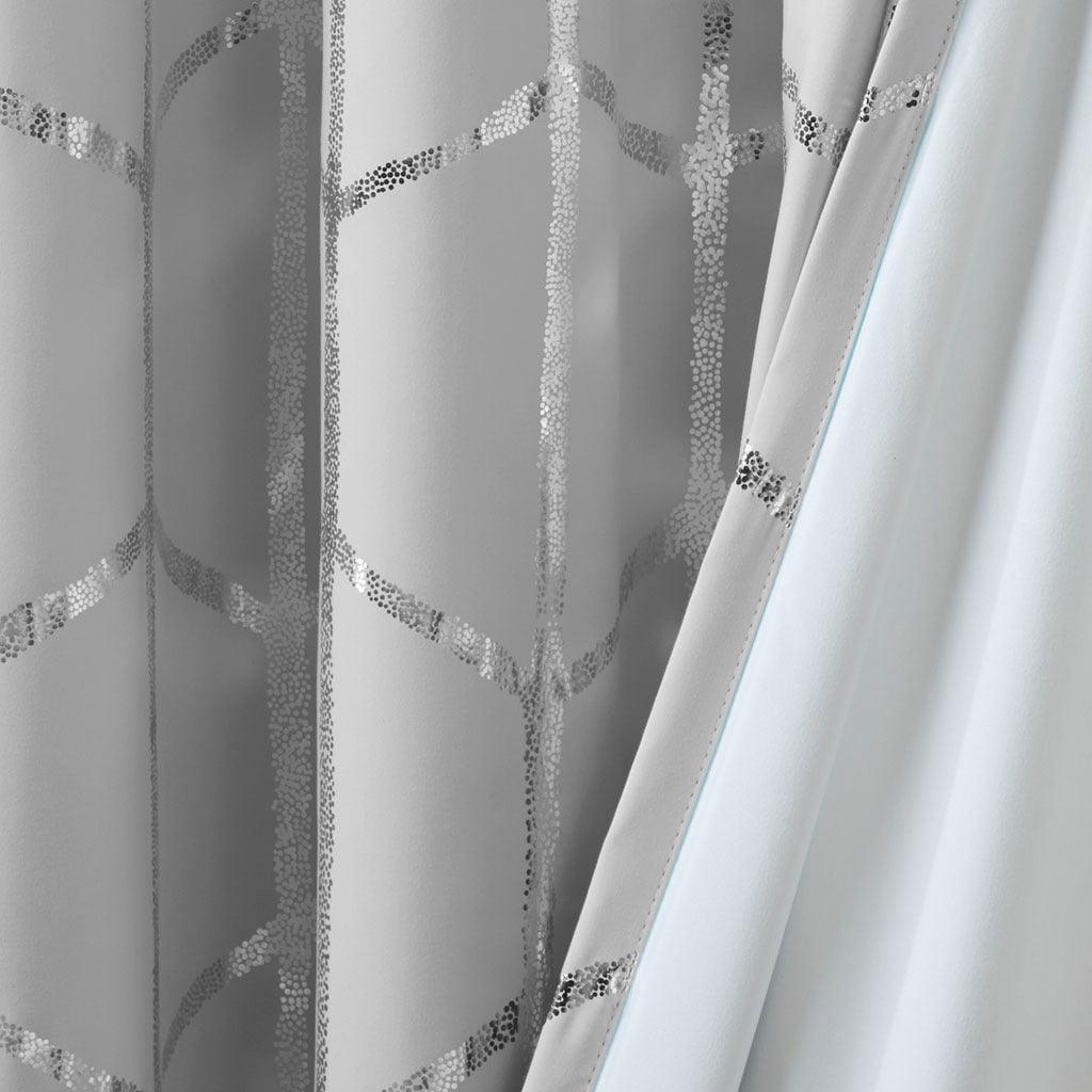 Olliix.com Curtains - Raina 84" Total Blackout Metallic Print Grommet Top Curtain Gray & Silver