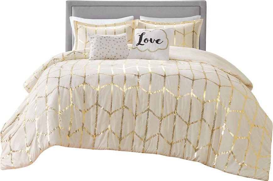 Olliix.com Duvet & Duvet Sets - Raina Full/Queen Metallic Printed Duvet Cover Set Ivory & Gold