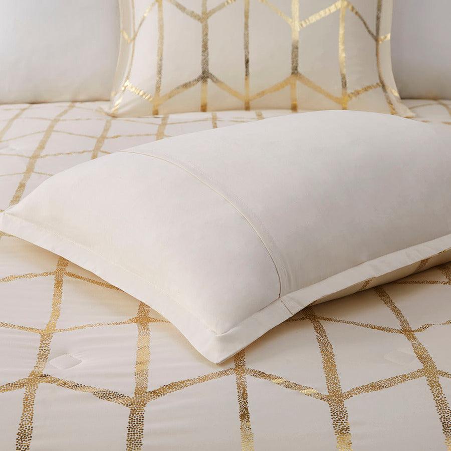 Olliix.com Duvet & Duvet Sets - Raina Full/Queen Metallic Printed Duvet Cover Set Ivory & Gold