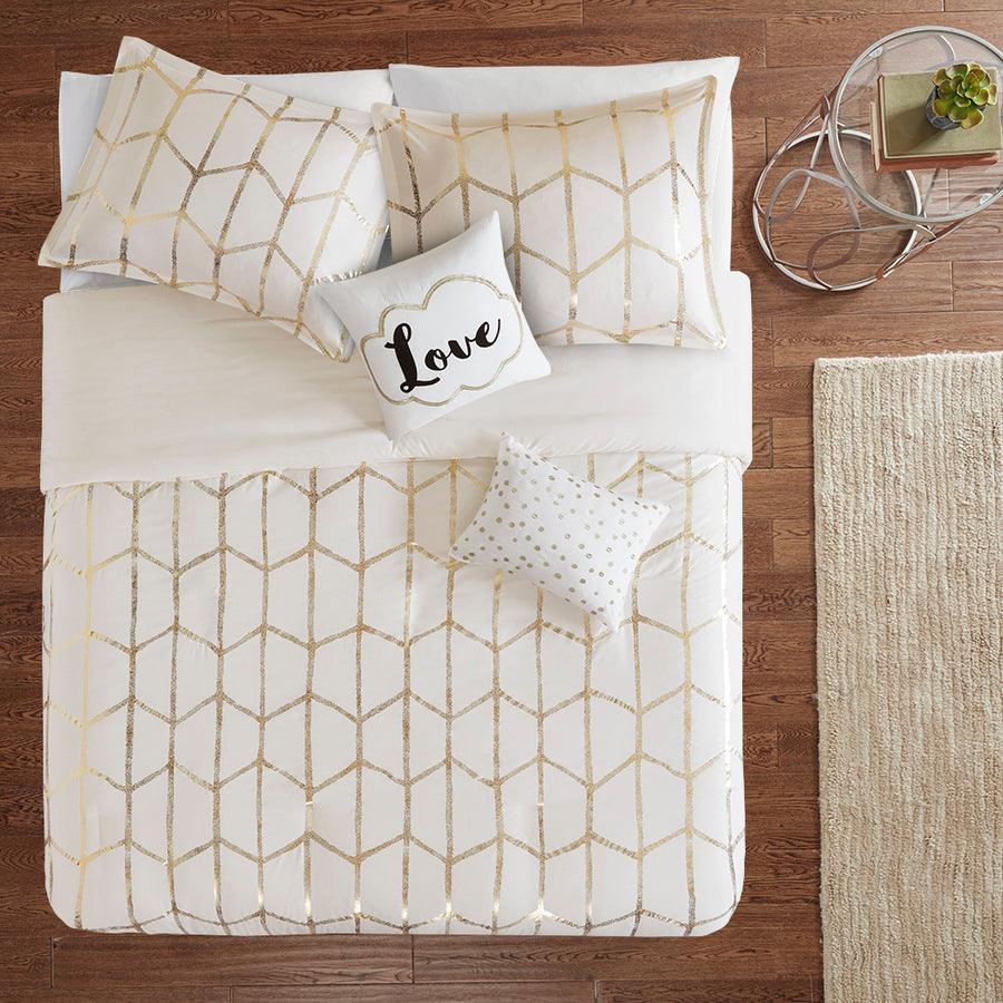 Olliix.com Duvet & Duvet Sets - Raina Full/Queen Metallic Printed Duvet Cover Set Ivory & Gold
