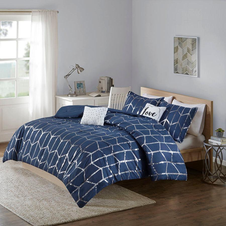 Olliix.com Comforters & Blankets - Raina Glam Metallic Printed Comforter Set Navy | Silver Twin/Twin XL