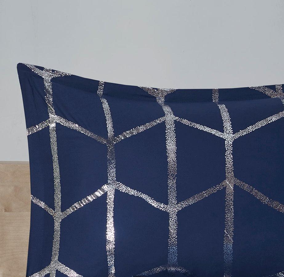Olliix.com Comforters & Blankets - Raina Glam Metallic Printed Comforter Set Navy | Silver Twin/Twin XL