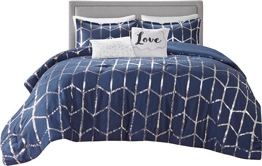 Olliix.com Comforters & Blankets - Raina Glam Metallic Printed Comforter Set Navy | Silver Twin/Twin XL