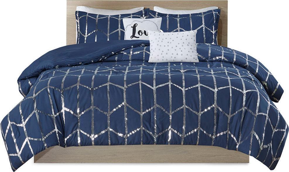 Olliix.com Comforters & Blankets - Raina Glam Metallic Printed Comforter Set Navy | Silver Twin/Twin XL