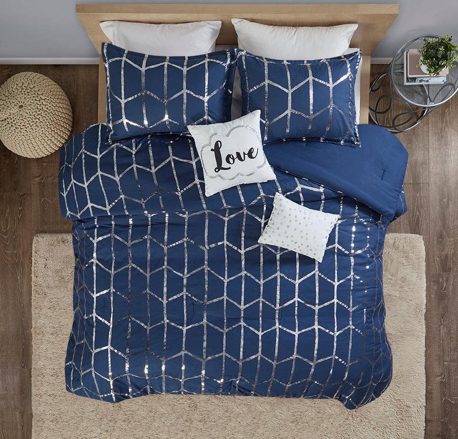 Olliix.com Comforters & Blankets - Raina Glam Metallic Printed Comforter Set Navy | Silver Twin/Twin XL
