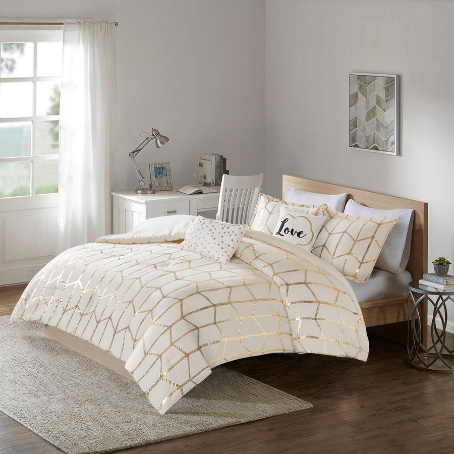 Olliix.com Comforters & Blankets - Raina Metallic Printed 20 " D Comforter Set Ivory & Gold Full/Queen