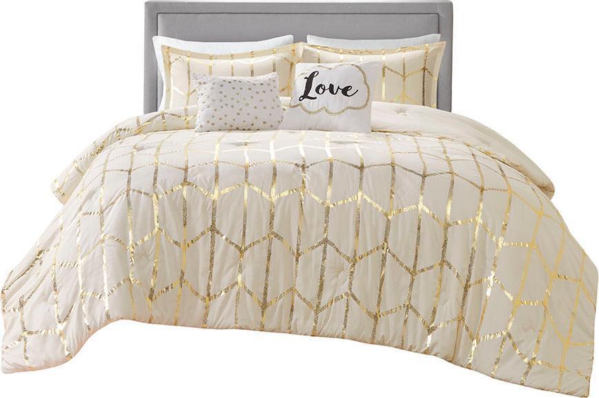 Olliix.com Comforters & Blankets - Raina Metallic Printed 20 " D Comforter Set Ivory & Gold Full/Queen
