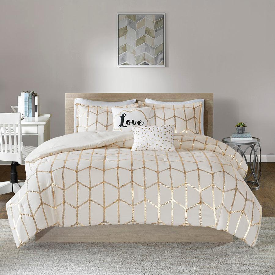 Olliix.com Comforters & Blankets - Raina Metallic Printed 20 " D Comforter Set Ivory & Gold Full/Queen