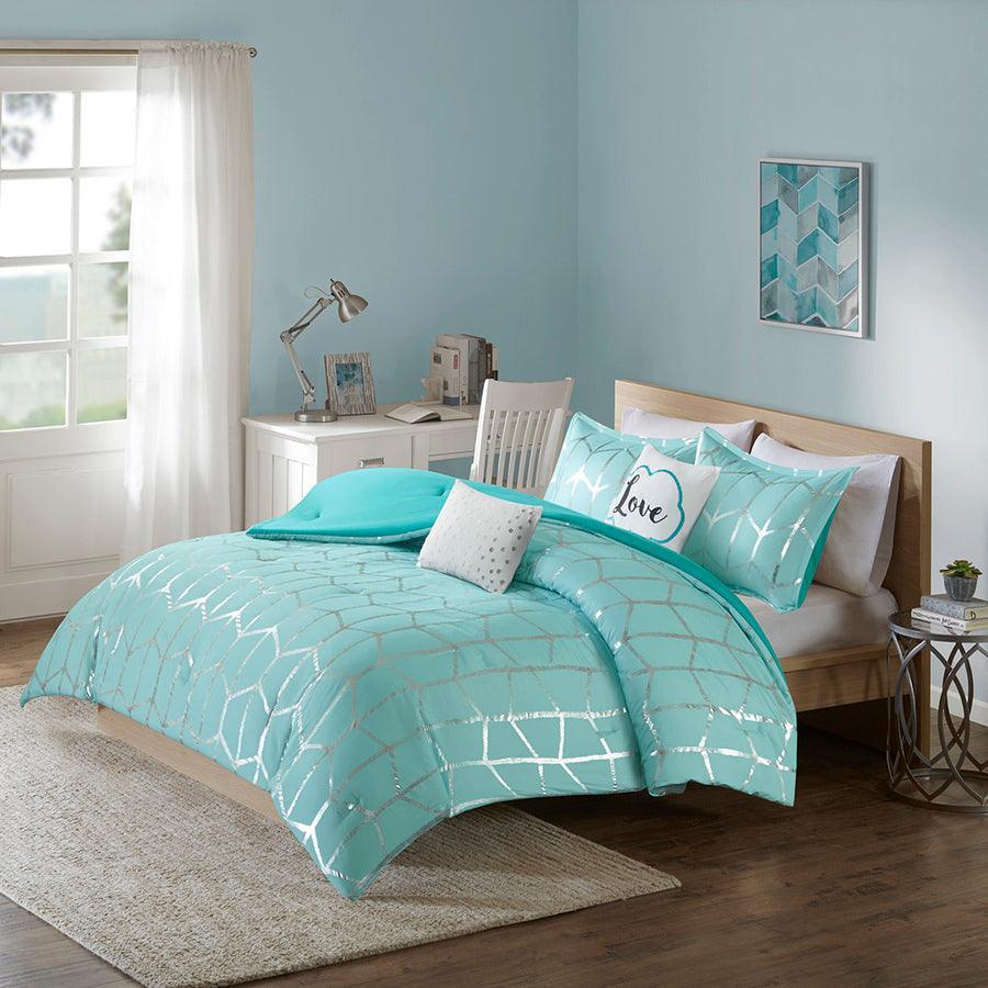 Olliix.com Comforters & Blankets - Raina Metallic Printed Comforter Set Aqua & Silver King/Cal King