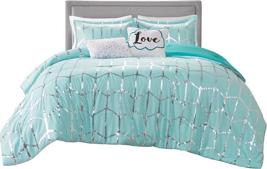 Olliix.com Comforters & Blankets - Raina Metallic Printed Comforter Set Aqua & Silver King/Cal King