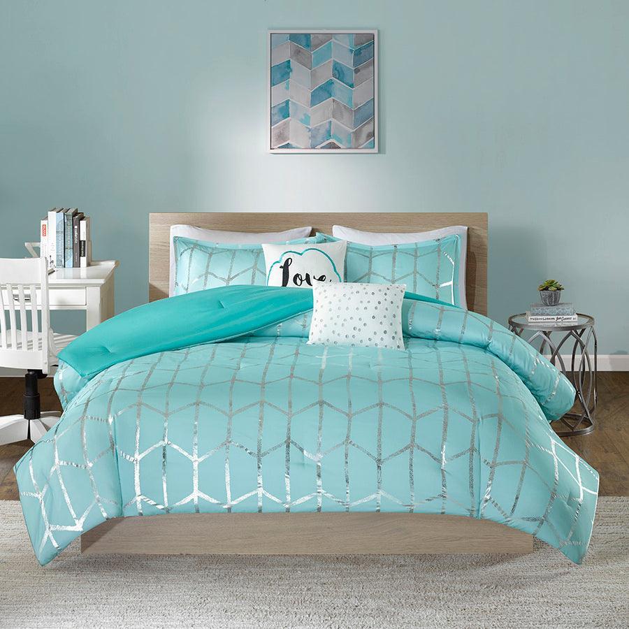 Olliix.com Comforters & Blankets - Raina Metallic Printed Comforter Set Aqua & Silver King/Cal King