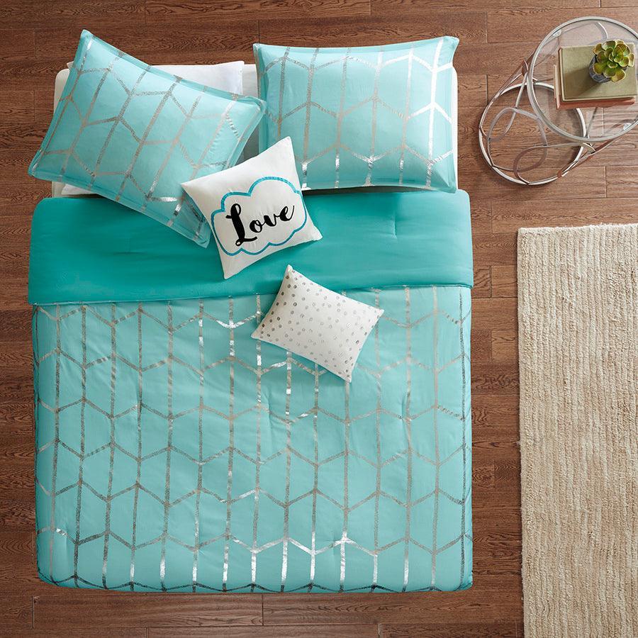 Olliix.com Comforters & Blankets - Raina Metallic Printed Comforter Set Aqua & Silver King/Cal King
