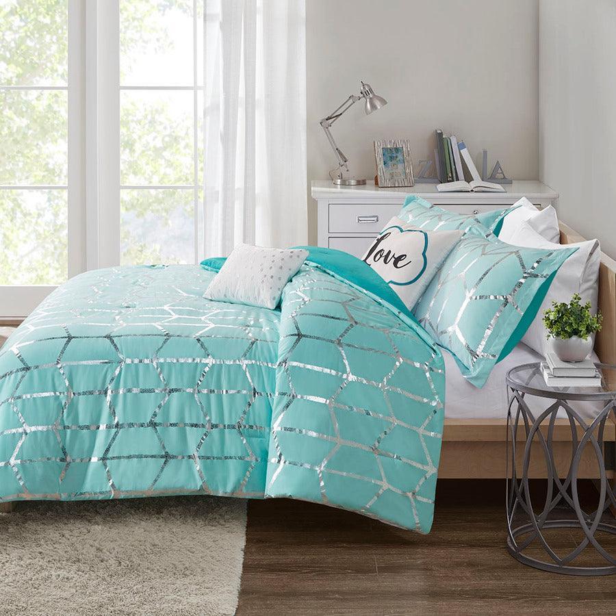 Olliix.com Comforters & Blankets - Raina Metallic Printed Comforter Set Aqua & Silver King/Cal King