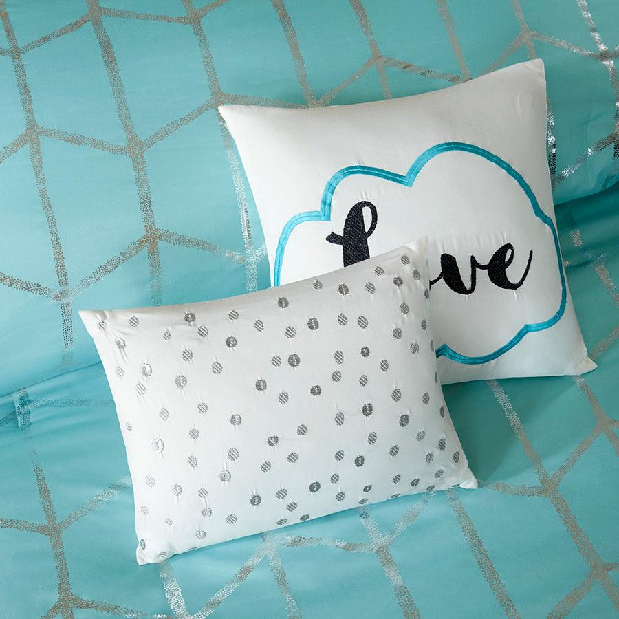Olliix.com Comforters & Blankets - Raina Metallic Printed Comforter Set Aqua & Silver King/Cal King