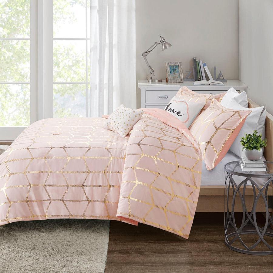 Olliix.com Comforters & Blankets - Raina Metallic Printed Comforter Set Blush & Gold King/Cal King
