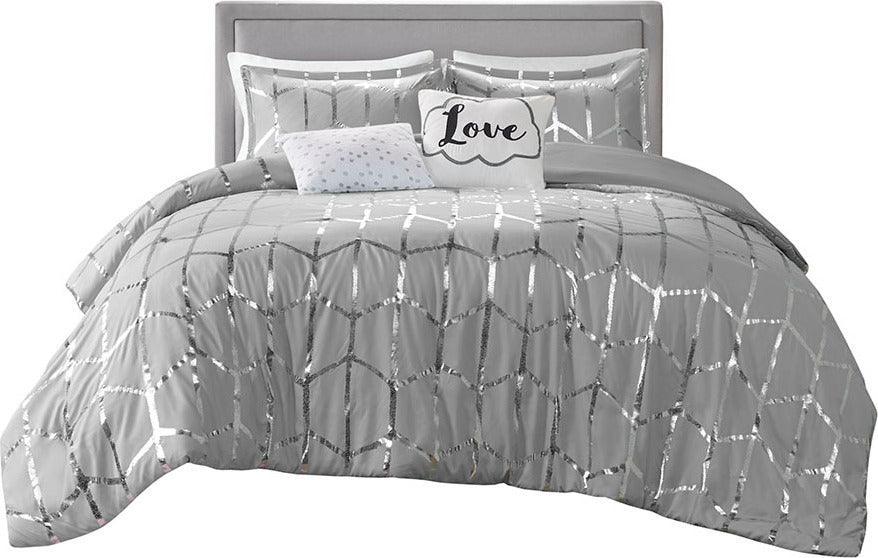 Olliix.com Comforters & Blankets - Raina Metallic Printed Comforter Set Gray & Silver Twin/Twin XL