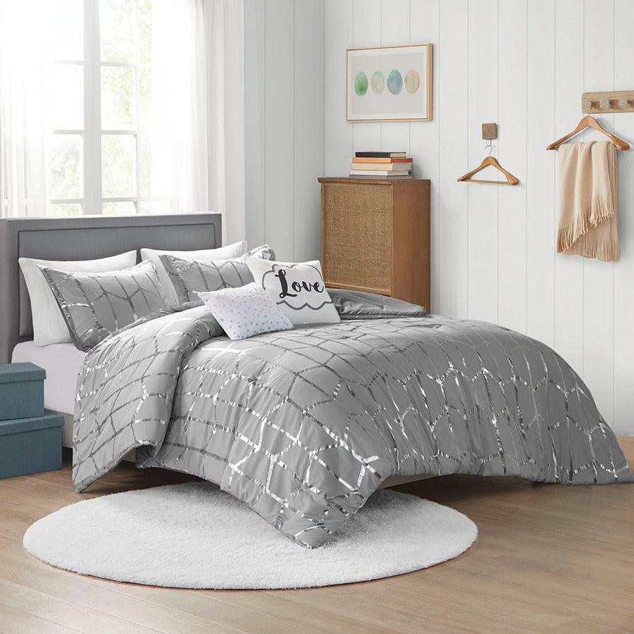 Olliix.com Comforters & Blankets - Raina Metallic Printed Comforter Set Gray & Silver Twin/Twin XL