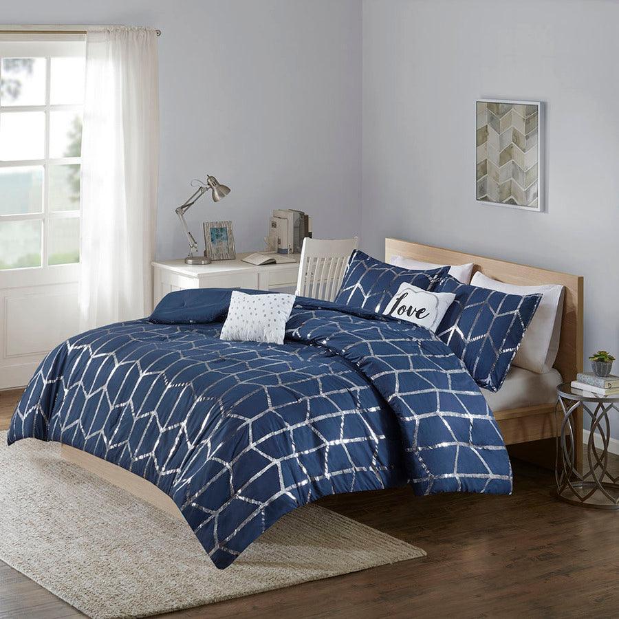 Olliix.com Comforters & Blankets - Raina Metallic Printed Comforter Set Navy & Silver Full/Queen