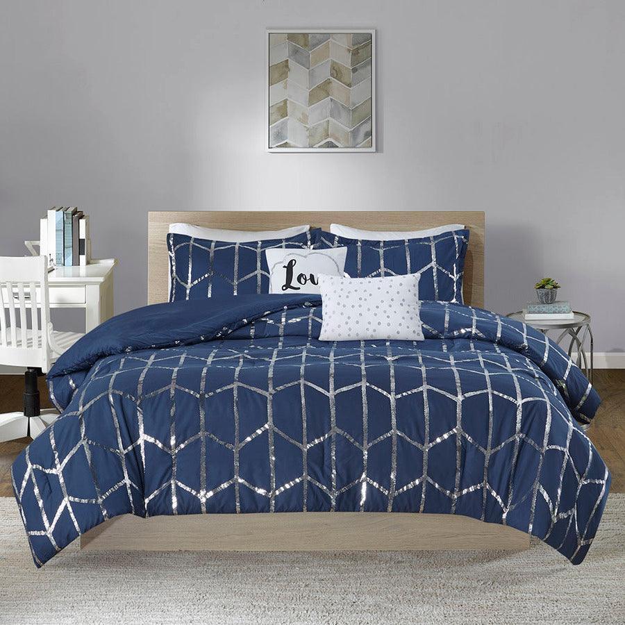 Olliix.com Comforters & Blankets - Raina Metallic Printed Comforter Set Navy & Silver Full/Queen